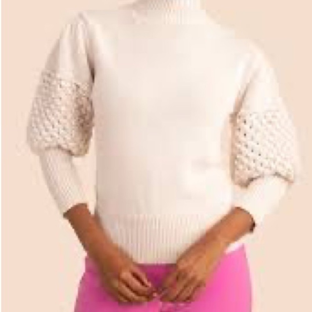 Trina Turk sz S Bellanca cream colored sweater with puff sleeve and crochet